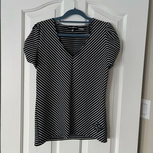 Karl Lagerfeld Black and White Striped V-Neck Top